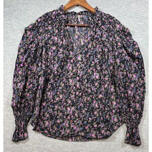 Free People Meant to Be Blouse‎ M  Black Floral Puff Boho Romantic